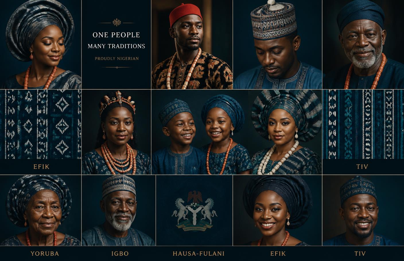 Portraits of Nigerians in Yoruba, Igbo, Hausa-Fulani, Efik and Tiv traditional dress